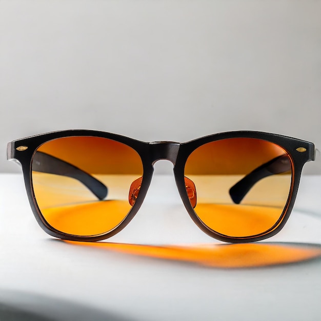 Óculos de sol com lentes laranjas sobre um fundo branco