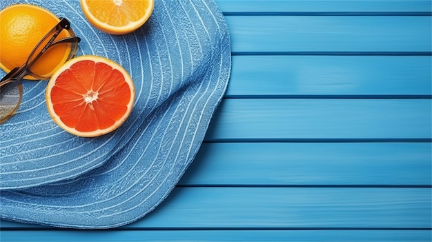 Foto Óculos de sol de chapéu de palha e laranjas em fundo de madeira azul vista superior