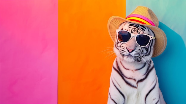óculos de sol de tigre branco e chapéu de verão em estúdio com um fundo colorido e brilhante AI Generative