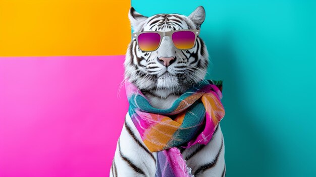 óculos de sol de tigre branco e lenço em estúdio com um fundo colorido e brilhante AI Generative