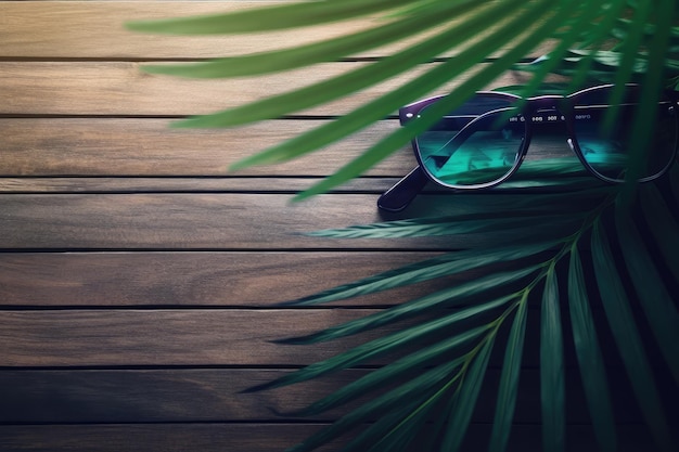 Óculos de sol do fundo das férias de verão e palmeira no fundo wodden