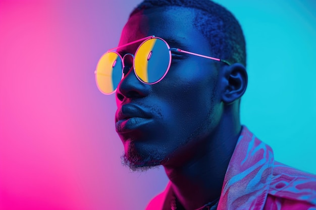 Óculos de sol futuristas em modelo afro-americano elegante em luz azul e rosa
