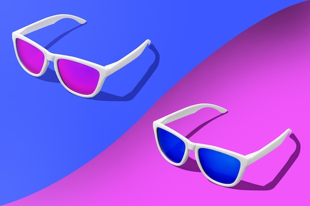 Foto Óculos de sol roxos e azuis em fundo de tons divididos com espaço de cópia. foto de estúdio de óculos de sol.