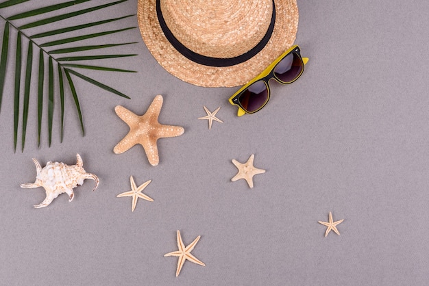 óculos e chapéu com conchas e estrelas do mar em uma superfície colorida