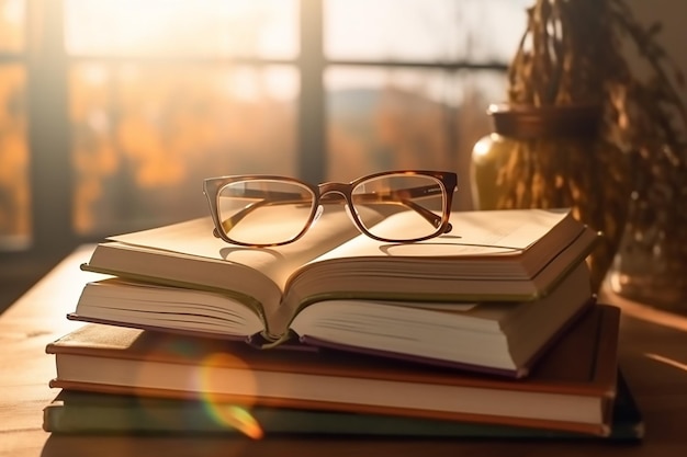 Foto Óculos em cima de um livro sobre uma mesa