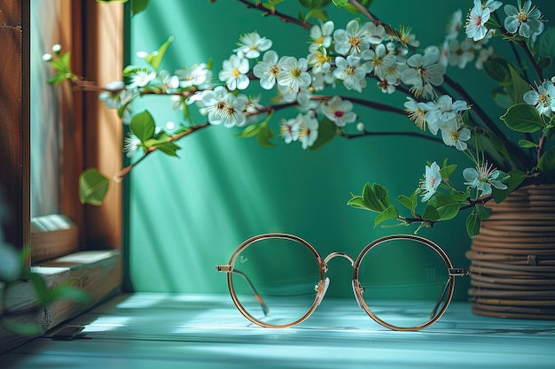 Foto Óculos em uma mesa branca fundo verde com sombras suaves flores de primavera claras com minimalista