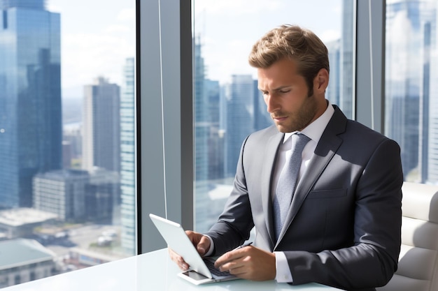 Ocupação homem trabalho vencedor tecnologia caucasiano terno expressão escritório feliz empresário negócios laptop