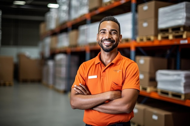 Foto ocupación hombre de caja distribución negocio trabajo almacén industrial feliz profesional logística transporte de mercancías envío trabajando almacén retrato persona