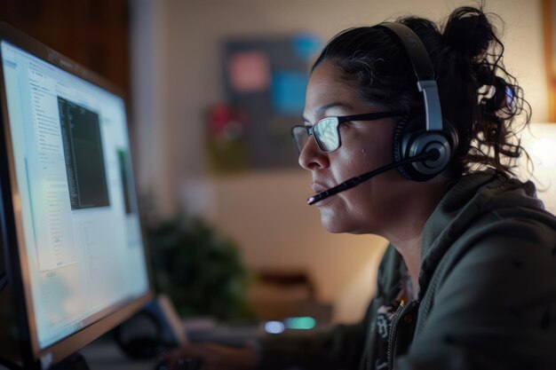 Ocupada en su trabajo, una mujer hispana con auriculares se centra en su computadora