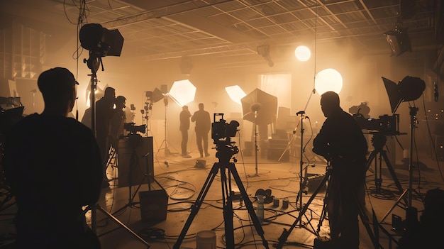 Ocupado cenário de filmagem capturado em tons quentes Equipa a trabalhar com câmeras e luzes nos bastidores de uma produção cinematográfica de IA