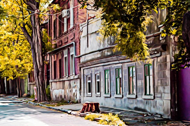 Odessa Ukraine Künstlerische realistische Illustration von Altbauten auf dem Lande heller sonniger Tag