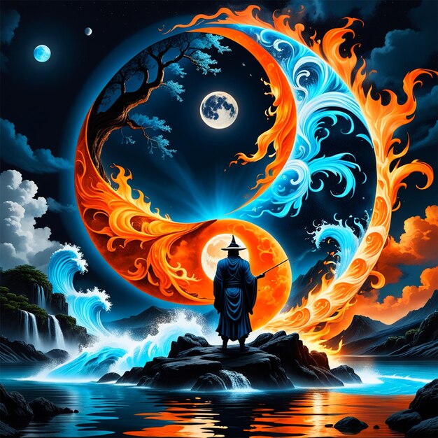 Odins yin yang galería de arte en el estilo de azul cielo oscuro y naranja oscuro colores vibrantes en natural