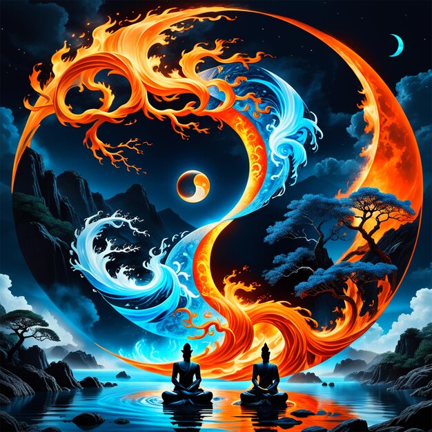 Odins yin yang Kunstgalerie im Stil von dunkel himmelblau und dunkel orange lebendigen Farben in natürlicher