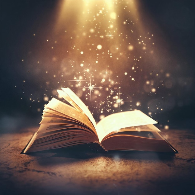 Öffnen Sie das heilige Bibelbuch auf einem Holztisch mit goldenem Bokeh-Licht
