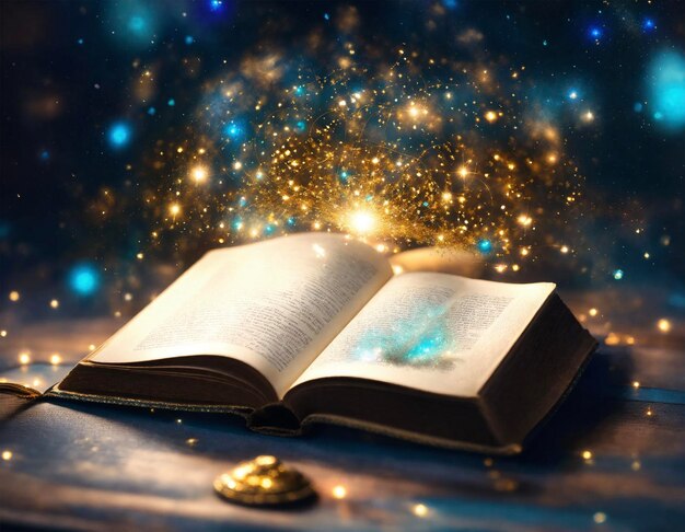 Öffnen Sie das heilige Buch, das magische Buch, das universelle goldene Glitzer.
