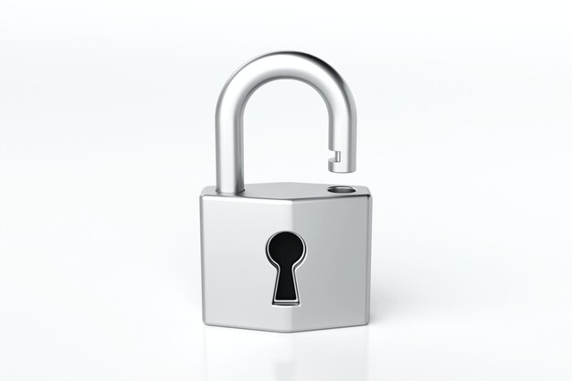Öffnen Sie das Vorhängeschloss mit einem schlanken, freigeschlossenen Vorhängeschluss, Sicherheit, metallisches Silber, Zugang, Datenschutz.