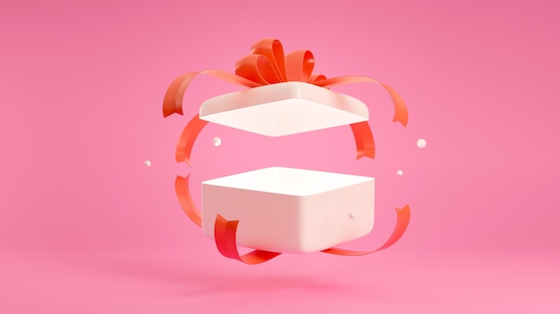 Öffnen Sie die Geschenkbox mit rotem Band auf rosafarbenem Hintergrund. 3D-Darstellung