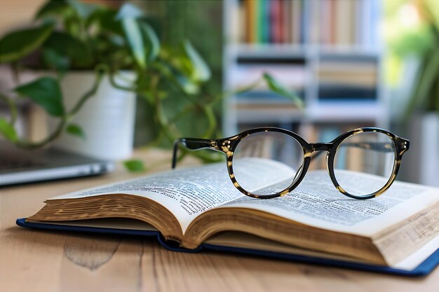 Foto Öffnen sie ein buch mit brille und laptop