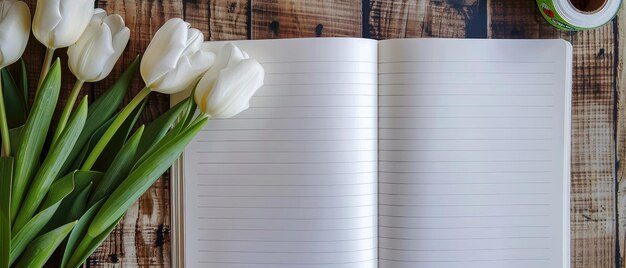 Foto Öffnen sie ein leeres mockup-notebook mit blühenden weißen tulpenblumen und hellem band, das neben ihm liegt