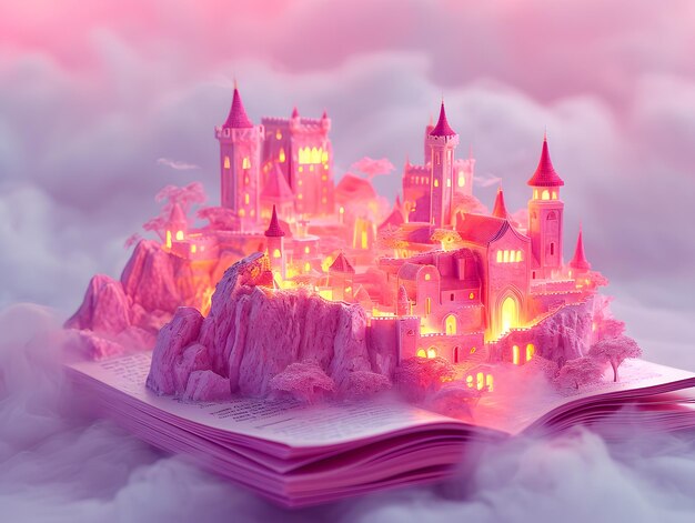 Öffnen Sie ein rosa Märchenbuch mit einem Fantasy-Schloss auf rosa Hintergrund mit rotem Glanz 3D-Rendering