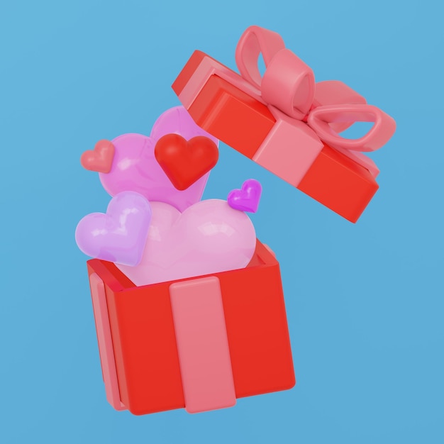 Öffnen Sie eine Geschenkkiste voller 3D-Herzen
