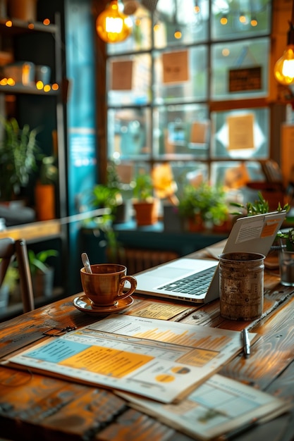 Öffnen Sie Laptop mit Kaffee in einer künstlerischen Café-Umgebung