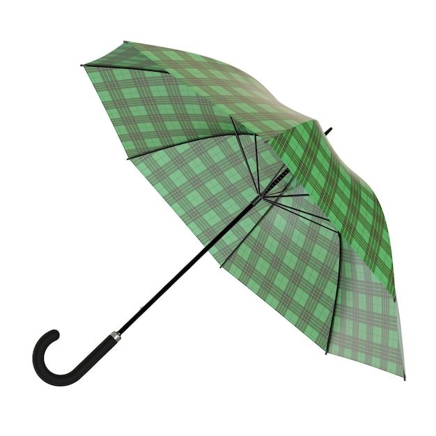 Öffner grüner Regenschirm mit kariertem Plaid-Muster, isoliert auf weißem Hintergrund