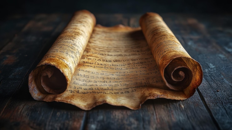 Foto öffnete ungerollte schriftrolle auf einer holzoberfläche die thora, auch bekannt als der pentateuch heilige bibel judentum