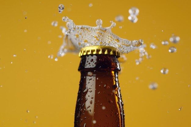 Öffnung des Gasausgangs der kalten Bierflasche und Flaschendeckel in der Luft Isoliert auf gelbem Hintergrund