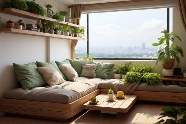 Foto Öko-freundliches wohnzimmer im loft-stil mit natürlichen elementen, holzfinish und üppigem grün