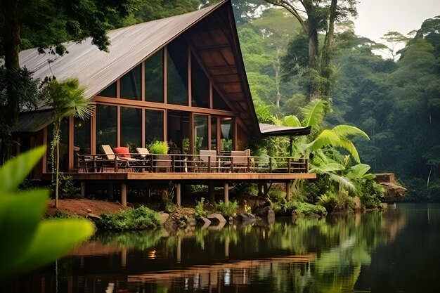 Foto Öko-haus mit außenterrasse am fluss inmitten des tropenwald-ökotourismus-konzepts