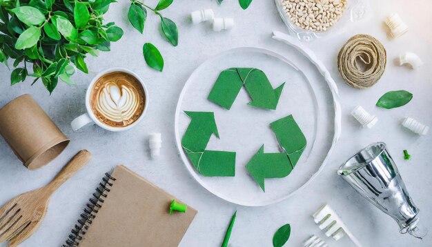 Foto Öko-konzept mit recycling-symbol auf tischhintergrund