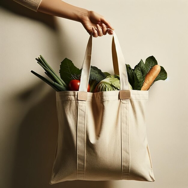 Foto Öko-tasche braune lebensmitteltasche mit frischer gemüseoberfläche gesundes essen nachhaltiges einkaufen