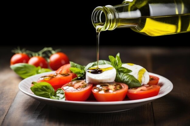 Foto Öl auf caprese-salat aus einer glasflasche gießen