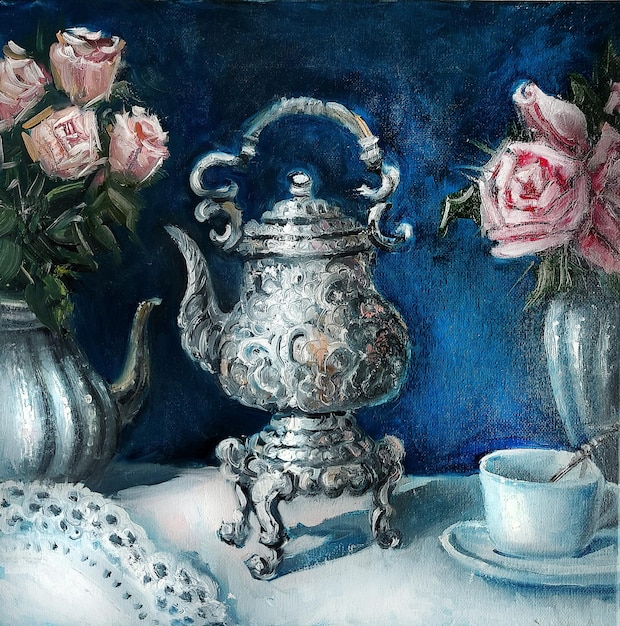 Ölbild mit antikem silbernem Tee- und Kaffeeset auf weißem Tischtuch mit Teetassenvase mit Rosen High Tea Party Stillleben Bild auf Leinwand gemalt