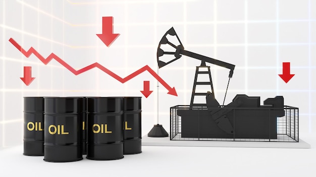 Foto Ölfässer und ölbrunnen auf weißem hintergrund mit aktienpreisdiagramm nach untenölpreise beeinflussen reise- und transportfinanzierungsunternehmen3d-rendering