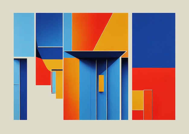 Ölgemälde des Gebäudes im Bauhaus-Stil Farbe Marineblau Orange Gelb