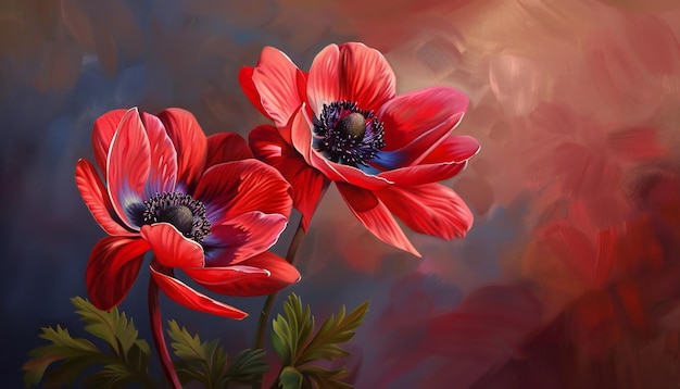 Foto Ölgemälde einer exquisiten roten anemone, die mit einer atemberaubenden frühlingsblume geschmückt ist