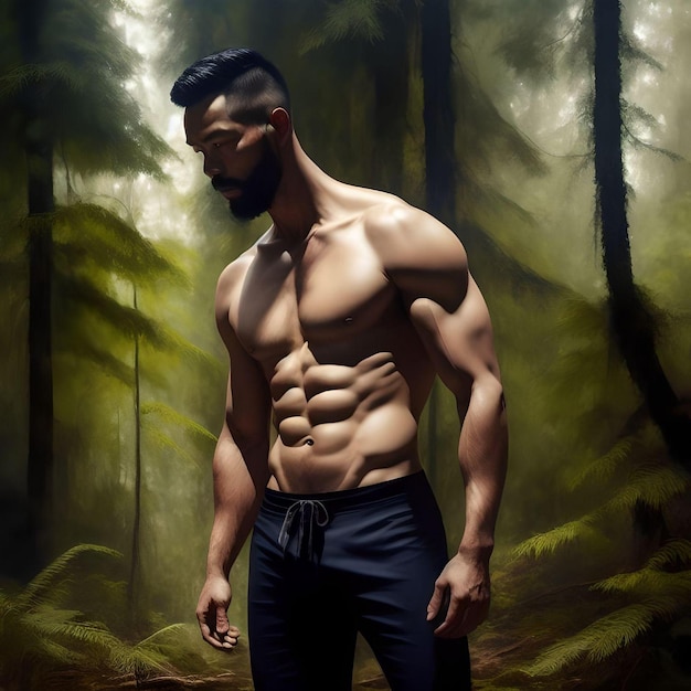 Ölgemälde eines hemdlosen, muskulösen Mannes im Wald, der nach unten schaut (realistische Illustration)