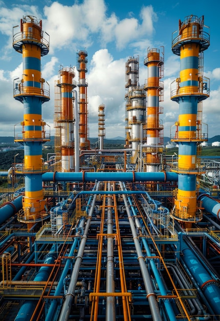 Ölraffineriefabrik an einem sonnigen Tag Eine Industrie mit großen Rohren und Strukturen