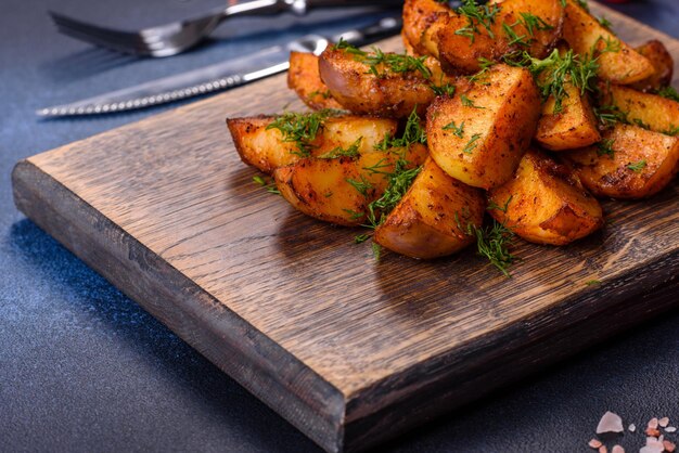 Ofenkartoffelkeile mit Käse und Kräutern und Tomatensoße auf dunklem Hintergrund