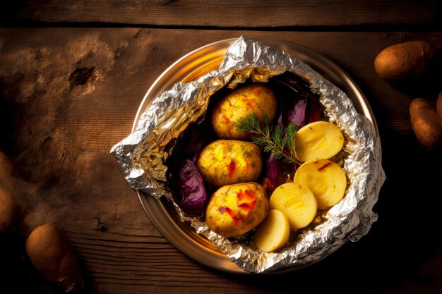 Ofenkartoffeln in Folie mit gebackenen Rüben und Rosmarin auf Holztisch