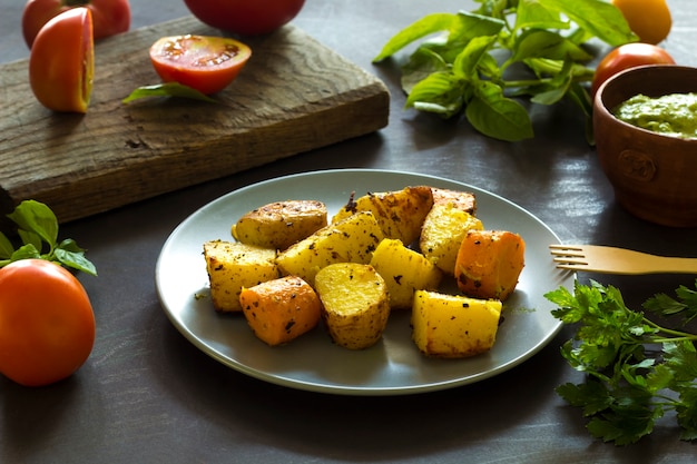 Ofenkartoffeln mit grüns und tomaten.