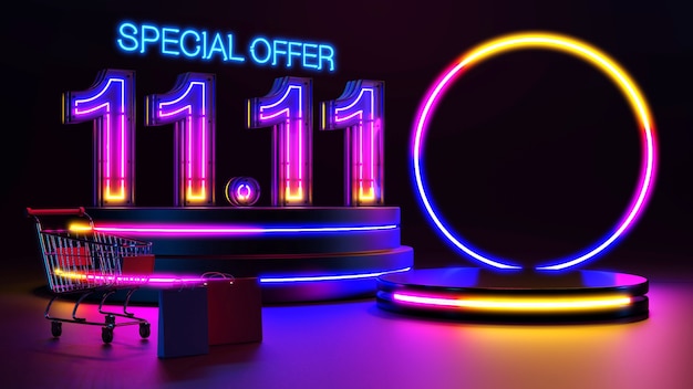 Oferta especial 11.11 luz de neón y podio LED vacío. Representación 3D.