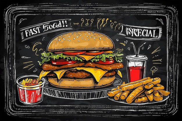 Oferta especial de comida rápida vectorial en la pizarra Ilustración del marco de comida chatarra dibujada a mano