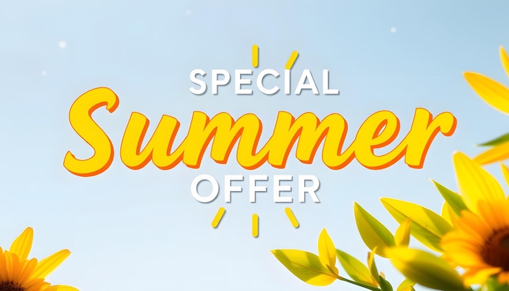 Foto oferta especial de verano con señal de sol labe dibujado amarillo y naranja aislado con resaltos blancos