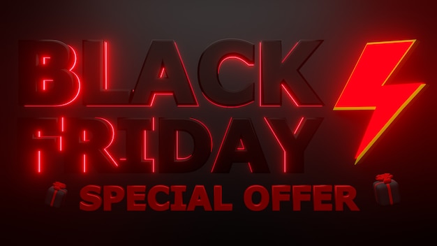 Oferta especial de viernes negro con truenos y luz de neón fondo negro. Representación 3D.