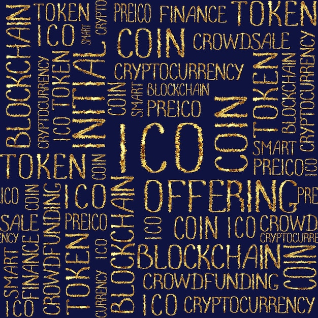 Oferta inicial de monedas de ICO, crowdfunding de inicio, textura de tecnología blockchain. ICO concepto palabras patrón de oro sobre fondo azul marino oscuro. Patrón sin costuras dorado