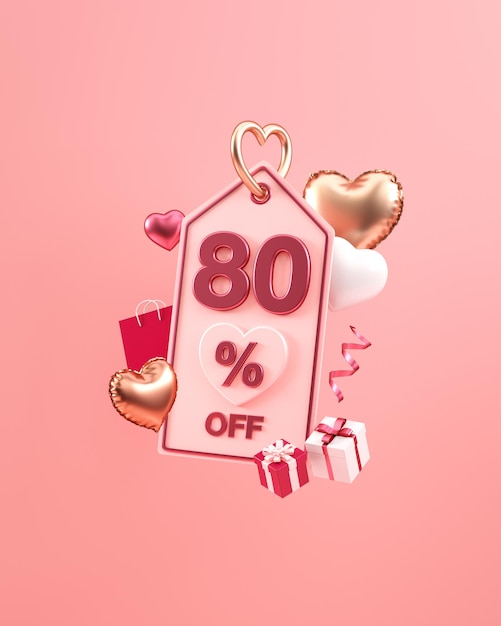 Oferta vertical del Día de San Valentín publicación en redes sociales con 80 por ciento de descuento en corazones y regalos