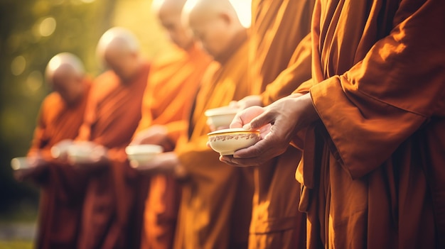 Ofertas de sustento reverentes aos monges na tradição de esmola AI Gerado